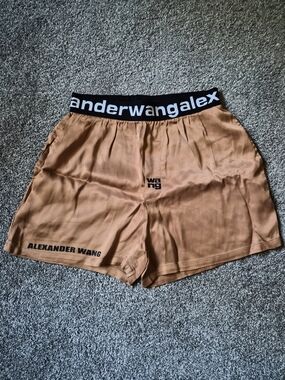 Alexander Wang Tan Satin Lounge Shorts with Branded Waistband